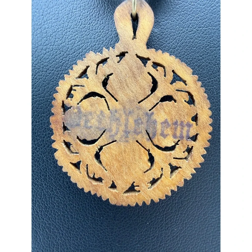 Vintage Bethlehem Hand Carved Olive Wood Floral Pendant Necklace Gold Tone Chain